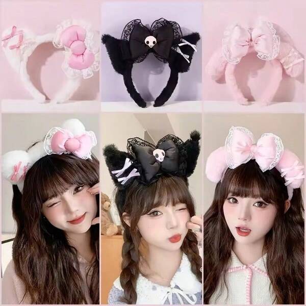 Sanrio Sanrio Sweet And Fashionable Headband Kuromi My Melody Cute Anime Plush Headband Princess Style Comes With Accessories Dormitory Bathroom Supplies For Back To School Hair Accessories
