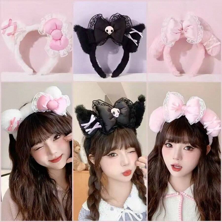 Sanrio Diadema de estilo dulce y de moda Sanrio Kuromi My Melody, diadema de peluche de anime lindo con estilo de princesa, incluye accesorios, suministros para el dormitorio y el baño para volver a la escuela, accesorios para el cabello