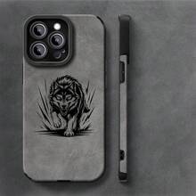 Funda de Teléfono con Patrón Retro de Personalidad Animal Lobo Súper Feroz para iPhone 16ProMax/16E/15Pro/14Plus/13ProMax/12/11Pro, Resistente a Impactos, Diseño de Moda, Cubierta Protectora de TPU, Cuero Sintético de Gamuza - Colores mixtos - Ver 1