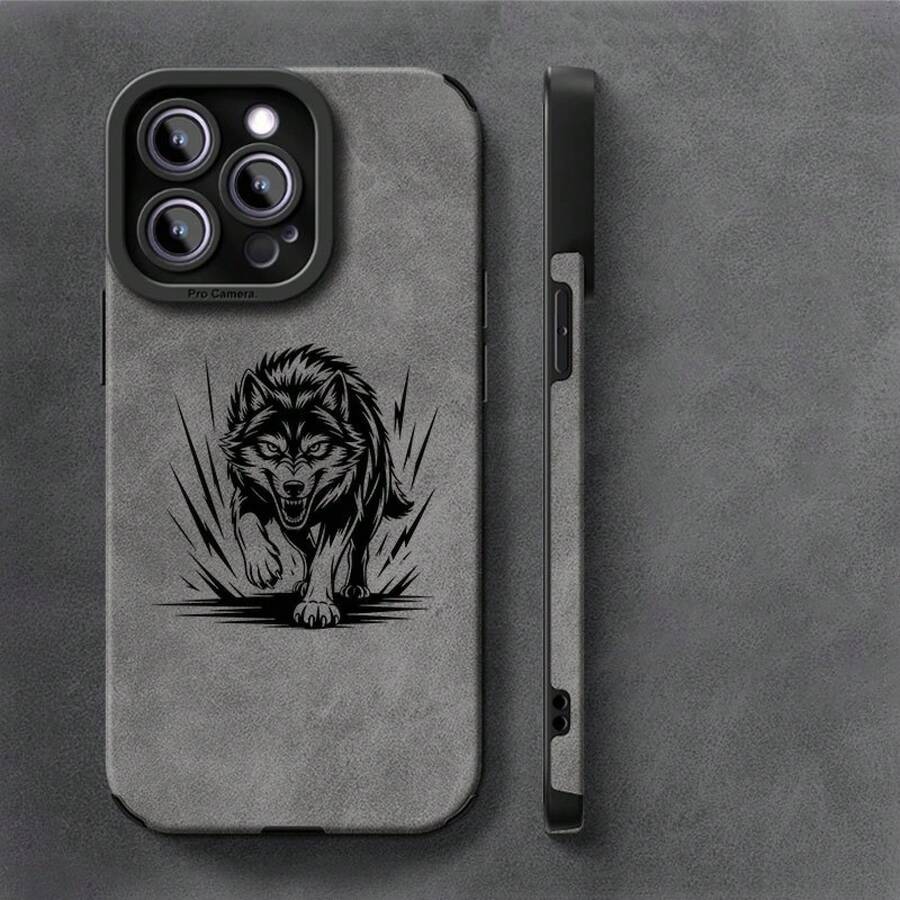 Funda de Teléfono con Patrón Retro de Personalidad Animal Lobo Súper Feroz para iPhone 16ProMax/16E/15Pro/14Plus/13ProMax/12/11Pro, Resistente a Impactos, Diseño de Moda, Cubierta Protectora de TPU, Cuero Sintético de Gamuza - Colores mixtos - Ver 1