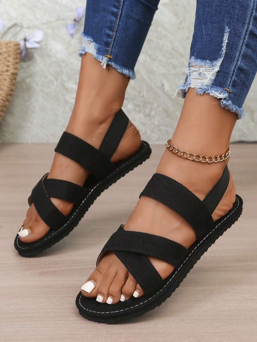 Women's Solid Color Flat Sandals, Casual Elastic Band Summer Shoes, Slip-On Beach Shoes - Black 2 - View 1