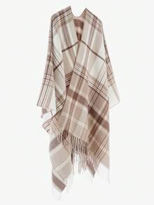 1 chiếc khăn choàng Poncho kẻ sọc ấm áp thời trang dành cho nữ - Màu kaki nhạt - Xem 2