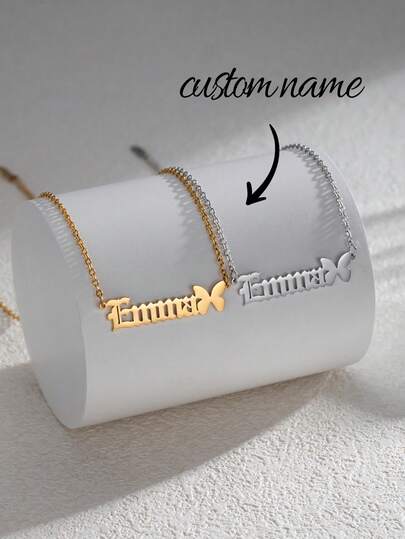 1pc Personalized Vintage English Name Necklace, Stainless Steel Nameplate Pendant With Butterfly, Charming Customized 18K Gold Plated Vintage English Butterfly Necklace, Gift For Girlfriend, Bridesmaid, Christmas, Mother's Day