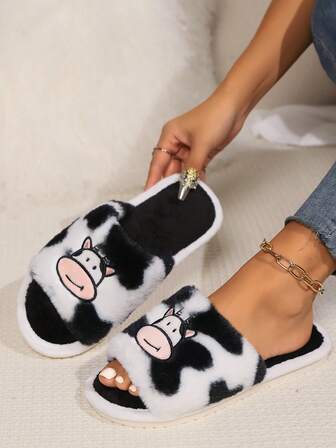 Women's Plush Lined House Slippers, Unisex Flat Soft Bottom Comfortable Slip-On Slippers, Suitable For Pregnant Women, Black Patchwork, Warm And Lightweight