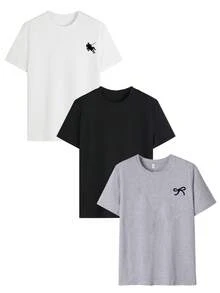 3件套夏季新款基础休闲圆领短袖T恤，简约Logo、数字和字母印花，百搭日常女装 - 黑白和深花灰 - 查看 4