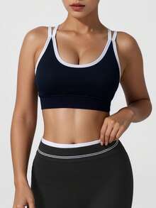 Sodalemon Women Elastic Cross Back Gym Bra Fitness Casual Outdoor Contrast Color Training Athletic Wear Running Yoga Top Seamless Round Neck Sport Bra - Black - View 6