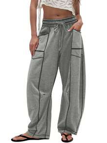 Pantalones casuales de mujer de pierna ancha con cordón y bolsillos - Gris - Ver 5