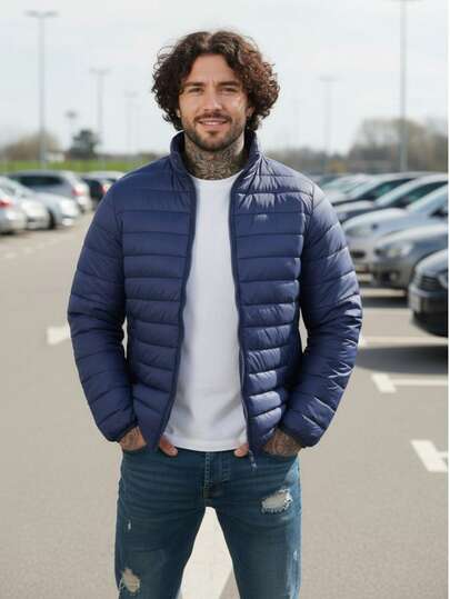 Men's Casual Cotton-Padded Jacket, Thick Autumn/Winter Jacket, Horizontal Embossed Texture, Basic And Versatile Style