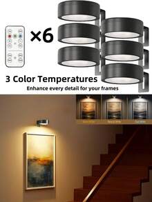 1/3/6 Stücke kabellose Metall Wandkunst LED Bildleuchten, mit magnetischer kabelloser Wandlampe, Lichterketten, Lampen, LED-Leuchten, Nachtlicht, Beleuchtung, Buchleuchte, LED-Leuchten für Räume - einstellbare Farbtemperatur, Timer, Fernbedienung und Taststeuerung - perfekt für Galerien, Treppen, Flure