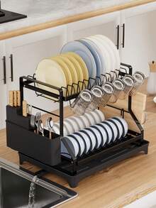 1个双层碗碟沥水架，厨房大号双层不锈钢碗碟架，可折叠防锈碗碟架，黑色 - 彩色 - 查看 9