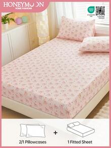 2/3pcs Kawaii Pink Bowknot Heart Printed Fitted Sheet, Mattress Protector, Mattress Cover For Bed, For All Size Bed -Twin, Full, King, Queen Size Sheet, 14inch/35cm Deep Pocket, Machine Washable, Oeko-Tex Certified - Multicolor - View 1