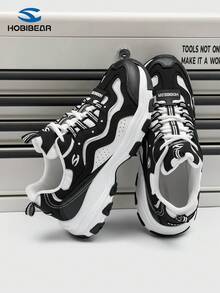 HOBIBEAR Patchwork Design Casual Sports Shoes, Lace-Up Comfortable Versatile Women's Sneakers - Black and White - View 1