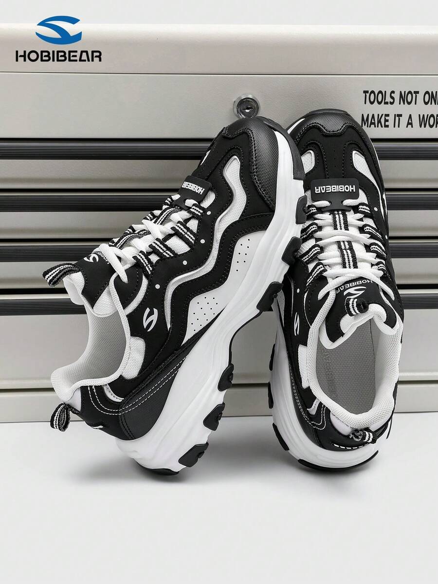 HOBIBEAR Patchwork Design Casual Sports Shoes, Lace-Up Comfortable Versatile Women's Sneakers - Black and White - View 1