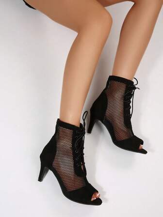 Women's Mesh High Heel Shoes, Elegant Fabric Mesh Splice Peep Toe High Heel Sandals For Party, Holiday, Summer