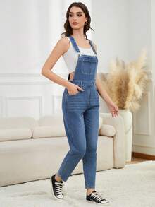 Casual Fashion Solid Color Denim Bib Overalls For Women - Blue - View 1