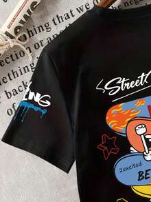 男童字母和滑板印花圆领短袖休闲T恤 - 黑色 - 查看 5