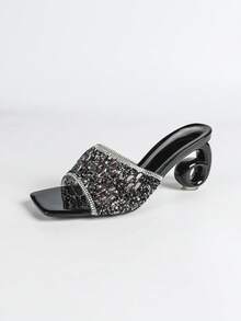 Women's High Heels. Square Toe, Fully Rhinestoned Uppers, Asymmetric Heel, Comfortable. Luxurious, Sparkling Rhinestones, Suitable For Parties, Gatherings, Balls, Shopping, Various Occasions And Festivals, Rhinestone Embellished Solid Color Beach Sandals,Spring Summer Outfits - Black - View 11