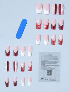 Christmas 24pcs Matte Long Coffin Snowflake Designs French Tip Press-On Nails Perfect Fit Acrylic False Nails Set, Including 1pc Jelly Glue And 1pc Nail File, Fall Nails & Sweater Nails Suitable For Party, Prom, Festival Use - Multicolor - View 2