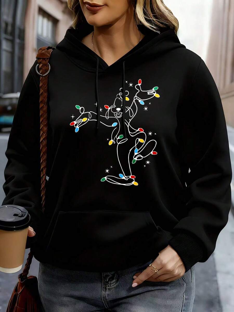 Disney Women Hoodie White Christmas Lights Mickey Mouse Print Casual Winter Outfit - 黑色 - 查看 1