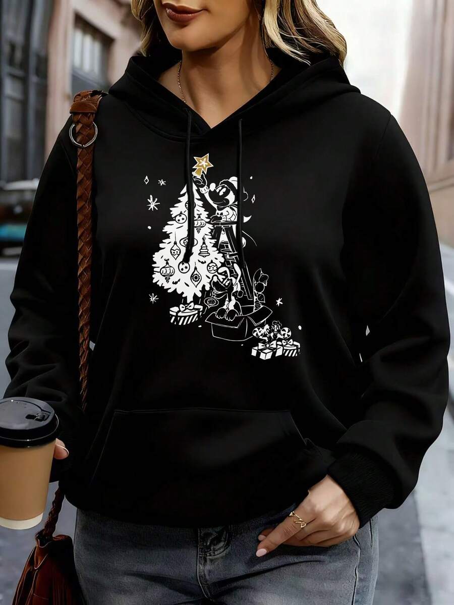 Disney Women Hoodie White Mickey Mouse Print Casual Streetwear Sweatshirt For Daily Wear And Outings - 黑色 - 查看 1