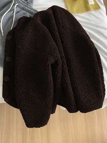 女士卡其色泰迪绒仿羊毛长袖开襟羊毛衫外套，时尚百搭，略带弹性