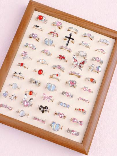 10/15/25Pcs Fashion Pink Diamond Adjustable Ring For Girls Y2K Gothic Rock Animal Butterfly Red Crystal Glass Heart Exquisite Couple Daily Party Gift Jewelry