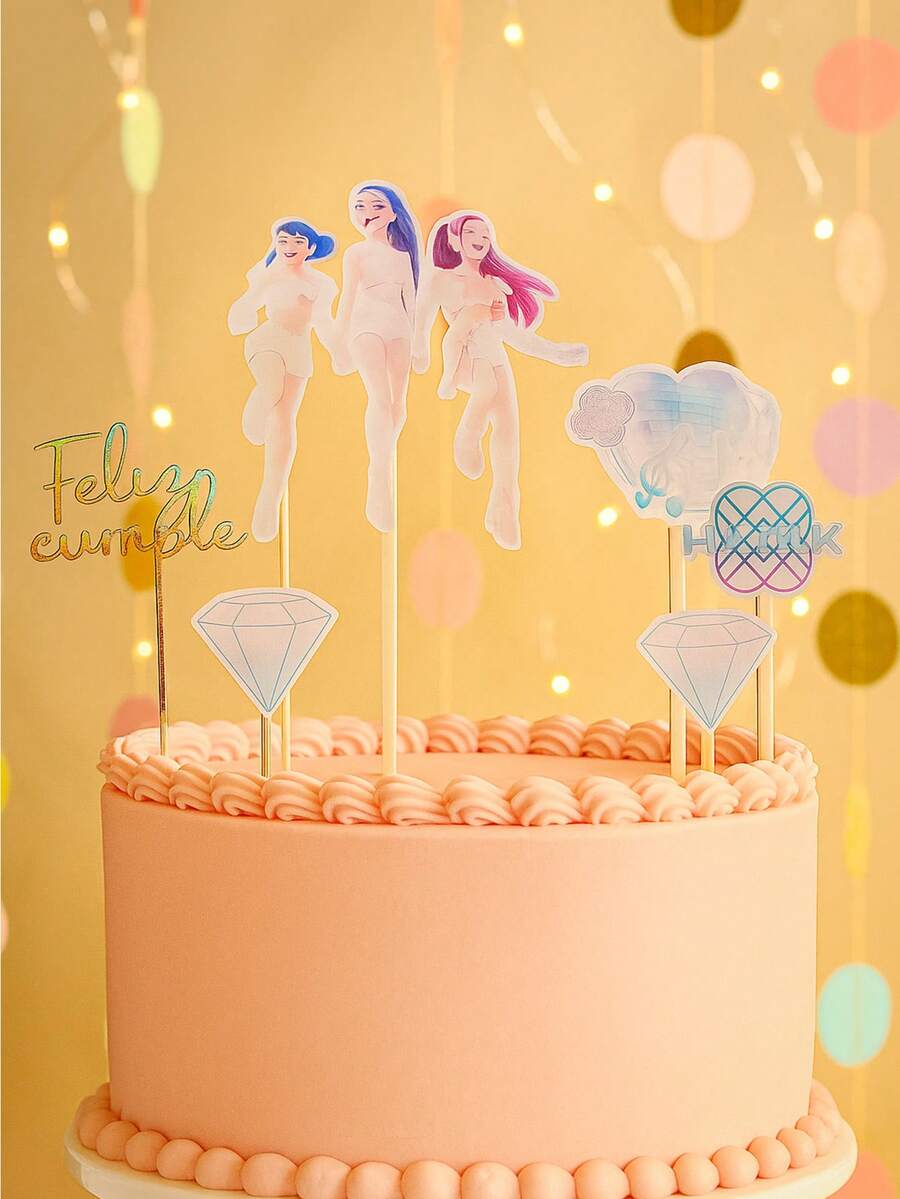 Set de Decoraciones Tipo Cake Topper para Pasteles, Tartas y Repostería con Temática de Hundrix K-Pop  - Set de 6 piezas: 3 Personajes, 1 Letrero Hundrix, 1 Bola Disco y 2 Diamantes - Hechos en Madera MDF de 3 mm de Grosor, Multicolor y 100% Productos Mexicanos - Ideales para Pasteles, Tartas, Gelatinas, Repostería y Regalos para Celebraciones de Cumpleaños, Aniversarios, Infantiles, Juveniles, Temáticas, Bautizos, Confirmaciones, Primera Comunión, Regreso a Clases, Revelación de Sexo, entre otras - De Fácil Colocación, Resistentes y Reutilizables - Diseño Moderno y Actual. Medida variables Letrero con Personajes de 17 cm de largo y 12 cm ancho aproximadamente. - Multicolor - Ver 1