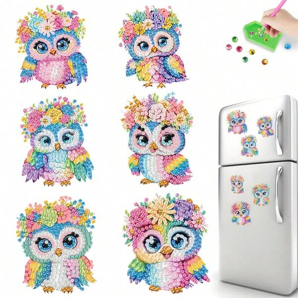 6pcs Sparkling Rhinestone Wreath Owl Magnet Set - Handmade Colorful Acrylic Fridge Decor, Suitable For Party & Daily Use, Car & Refrigerator Decoration DIY Art - Easy To Use DIY Decor Accessories, Christmas Gift