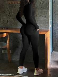 Mystra Women's Casual Contrast Ribbed Zip-Up Jumpsuit - Black - View 7