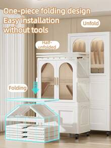 Folding Simple Wardrobe Closet, Folds Flat For Storage,DIY Collapsible Clothes Storage Cabinet ,Foldable Baby Wardrobe With Hanging Rod, Portable Kids Wardrobe With Lockable Wheels & Magnetic Doors, Sturdy Nursery Closet Storage Organizer For Boys & Girls' Bedroom, Easy To Install (White, Large)Apartment Saver - 彩色 - 查看 2