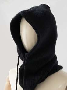 1pc Unisex Wool Blend Knitted Balaclava Hat, Warm & Soft Beanie Cap With Drawstring, Adjustable Neck Warmer For Autumn/Winter