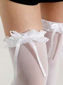 1 Pair Women's Lace Trim Thigh High Socks, Long Tube Stockings, Anime Maid Cosplay Socks For Women, Y2k White Bow Lace Trim Cute Thigh High Socks, Lolita Style Over-The-Knee Lace Socks, Versatile For Daily Wear, All Seasons