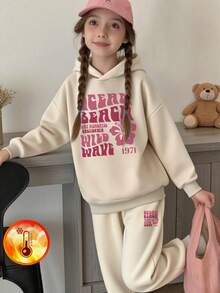 2pcs Tween Girl Printed Thermal Lined Hoodie Set, Warm Long Sleeve Sweatshirt And Pants For Autumn/Winter, Soft And Comfortable Children Hoodies To Express Their Personalized