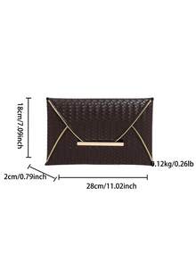 1个PU皮革纯色编织纹理女士日常信封式手拿包，简约优雅，节日礼物 - 咖啡 - 查看 7