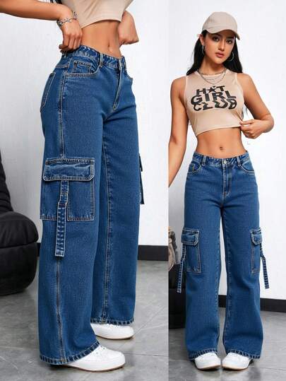 Jeans Mujer Tipo Cargo de Pierna Ancha, Vaqueros Clásicos con Bolsillos Laterales, Ideal para Look Urbano