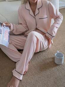 Nina Bonheur 2pcs Women Notched Collar Long Sleeve Pajama Set - Comfortable Casual Sleepwear & Loungewear - Pink - View 7