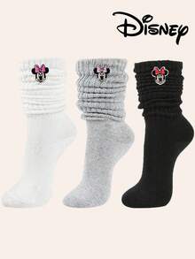 6/3/1 pares de calcetines slouch para mujer con bordado de Minnie Mouse de Disney, calcetines altos de pantorrilla cálidos y versátiles para otoño/invierno, calcetines de media pantorrilla de color liso a la moda, suaves, cómodos y transpirables, regalo de Halloween y Navidad - Multicolor - Ver 1