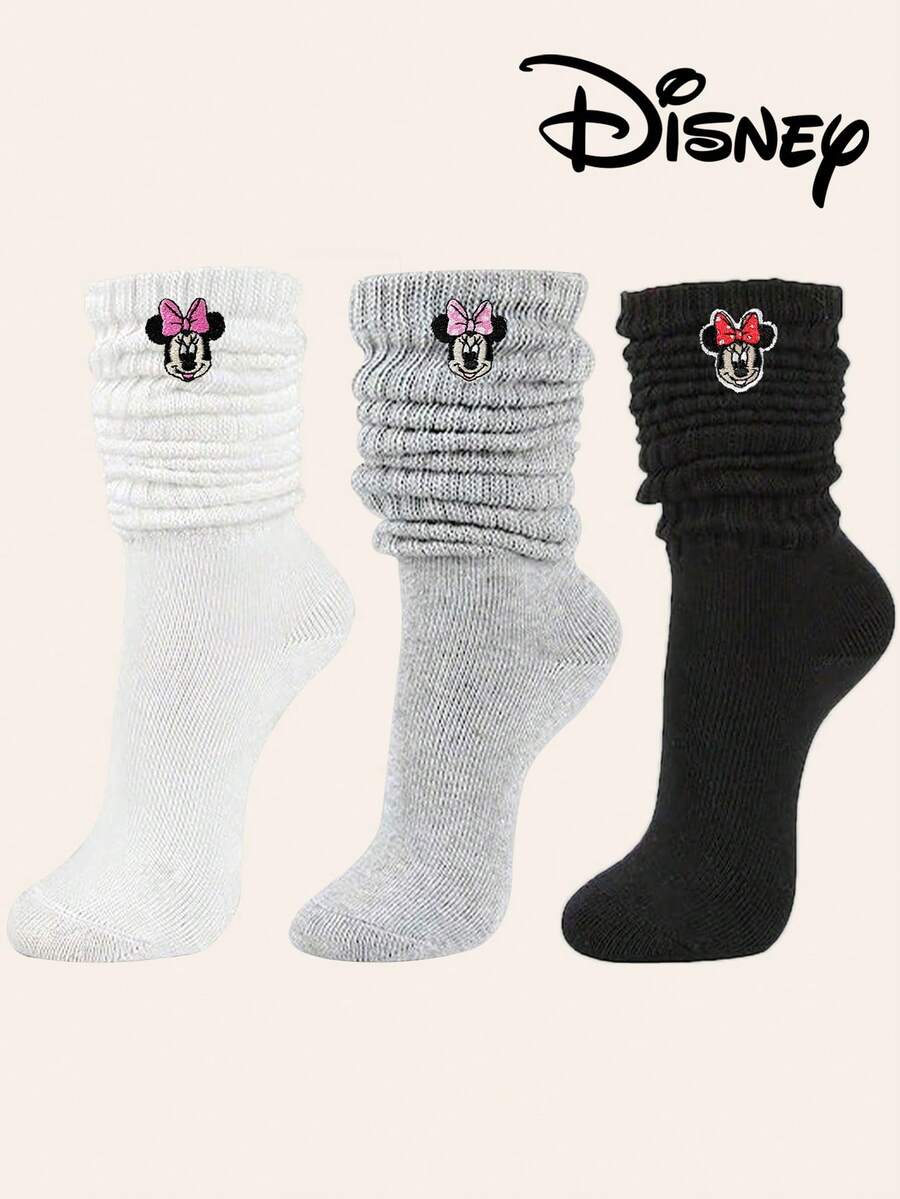 6/3/1 pares de calcetines slouch para mujer con bordado de Minnie Mouse de Disney, calcetines altos de pantorrilla cálidos y versátiles para otoño/invierno, calcetines de media pantorrilla de color liso a la moda, suaves, cómodos y transpirables, regalo de Halloween y Navidad - Multicolor - Ver 1