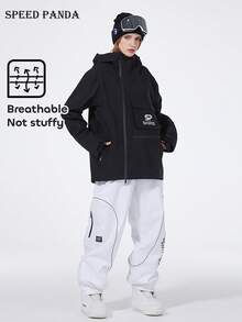 SPEED PANDA 男女通用连帽运动滑雪服，防风、防水、轻便、保暖、透气、耐磨、舒适，适合滑雪和单板滑雪（不含配件），黑色冬季运动装备 - 黑色 - 查看 4