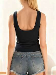 Casual Minimalist Versatile Women Sleeveless Wide Strap Tank Top, Stretchy Knit Camisole, Sexy Aesthetic Crop Top