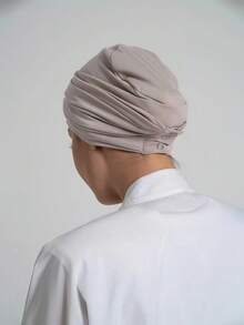 2pcs Set: Solid Color Simple Base Headscarf Hat + 1 Pleated Button Forehead Headband, Moisture-Wicking Breathable Chemo Cap With Matching Non-Slip Pleated Button Headband, Comfortable Soft Fabric, Suitable For Daily Outdoor, Yoga, Sports Wear - Gray Beige - View 3