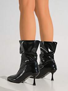 Bottes hautes à fermeture éclair latérale de style occidental, bout pointu, talon compensé pour femmes. Bottes hautes à talons hauts, bottes mi-mollet slim, automne/hiver 2025, talons hauts aiguille - Noir - Voir 4