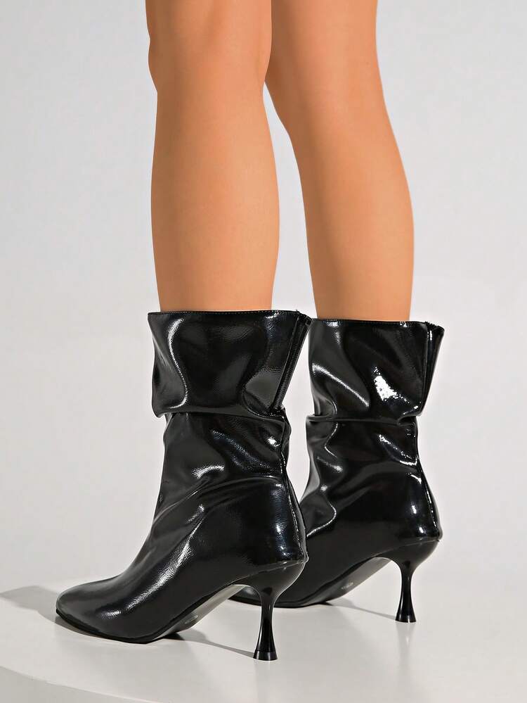 西部风情侧拉链假日黑色尖头粗跟过膝女靴，高跟长靴，修身中筒靴，2025秋冬款，猫跟 - 黑色 - 查看 4