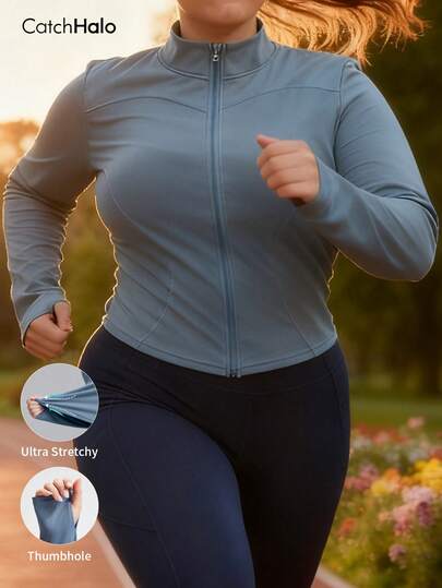 Plus Size Fitted Jacket With Thumb Hole, Suitable For Curvy Women