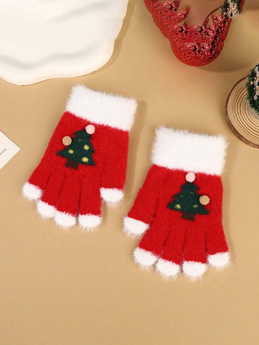 1 Pair Of Autumn And Winter Cartoon Christmas Knitted Gloves For Children's Cold Protection, Finger Warmth, Outdoor Cycling, Winter Outdoor For Toddlers And Children, Suitable For Students To Go To School, Suitable For Children Aged 3 To 8 - Multicolor - View 1