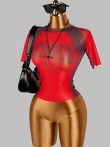 FQLWL Summer Street Fashion Slim Fit Women's Digital Print Sheer Y2K Nightclub Crop Top - Red - View 2