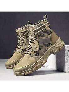 男士高帮靴，英伦风工装靴，美式复古沙漠摩托车户外增高军靴，秋冬款 - 卡其色 - 查看 4