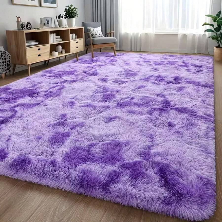 Tie-Dye Purple Shaggy Rug, With Rubber Backing, Rug Tape, Suitable For Bedrooms, Living Rooms, Dormitories, Home Decoration, Upgraded Anti-Slip, Fluffy, Moisture-Proof, Easy To Clean - Tie-dye Purple - View 1