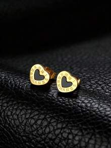 1 Pair 18K Gold Plated Classic Roman Numeral Heart Shaped Stud Earrings, Suitable For Men And Women, Stainless Steel Material, Birthday Gift, Daily Decoration - Yellow Gold - View 2