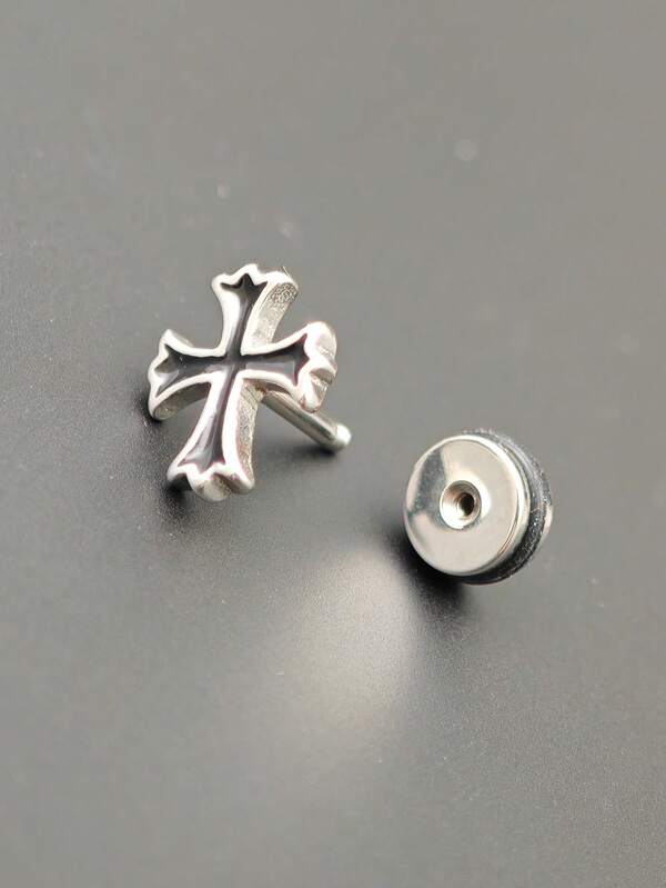 1pc Titanium Steel Cross Shaped Stud Earring, Black Style Men's Earring